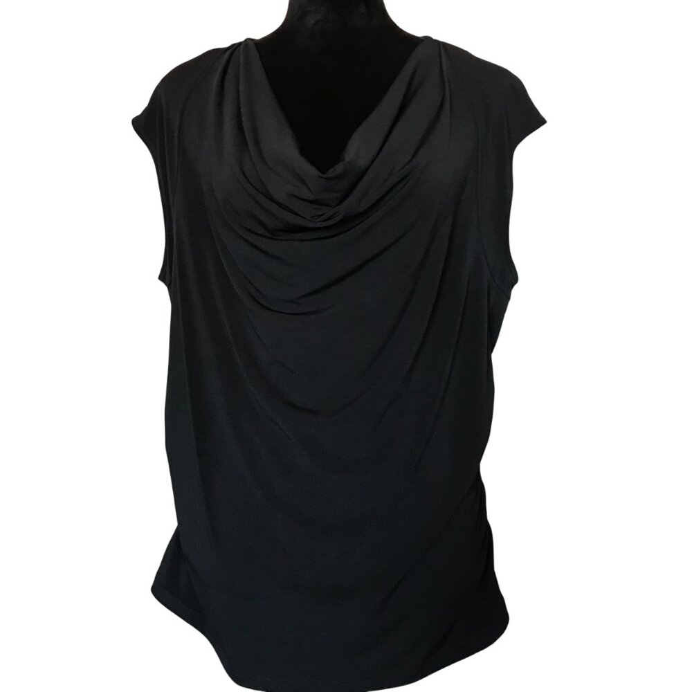 Black Dressy Top, Drape Neck Blouse Ruched Sides Quiet Luxury Plus Sz XL 16-18